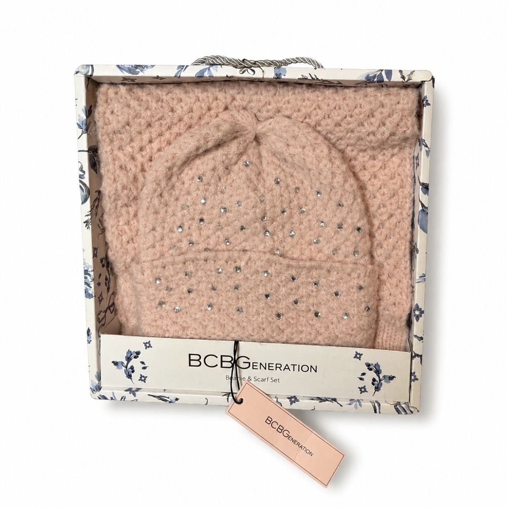 BCBGeneration Beanie & Scarf Set Women OS Blush Pink Rhinestone Pointelle Knit